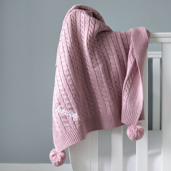 Personalised Cable Knit Pom Pom Blanket Dusty Pink, 9 of 10