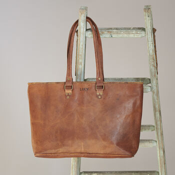 Personalised Large Leather Zipped Tote Bag, 4 of 8