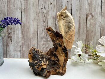 Wooden Owl Ornament Driftwood Sculpture Tawny Owl Gift, 5 of 8