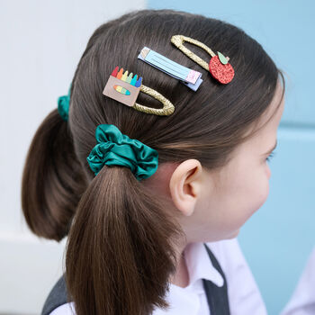 School Check And Satin Scrunchie Set Green, 2 of 4