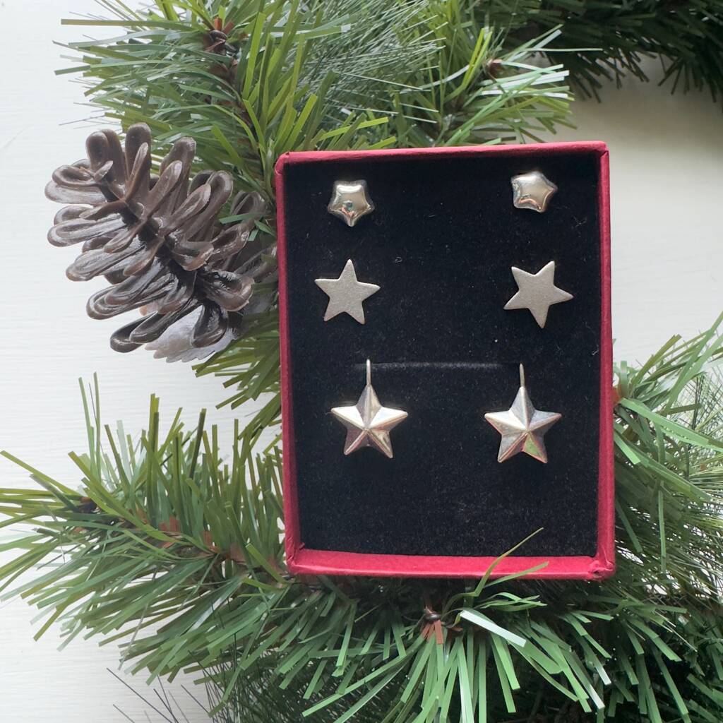 Christmas Star Sterling Silver Earrings Set Of Three, 1 of 3
