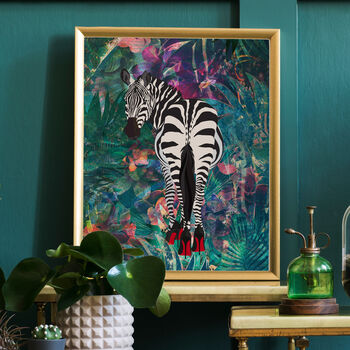 Zebra In Heels In Tropical Flower Jungle Wall Art Print, 3 of 8