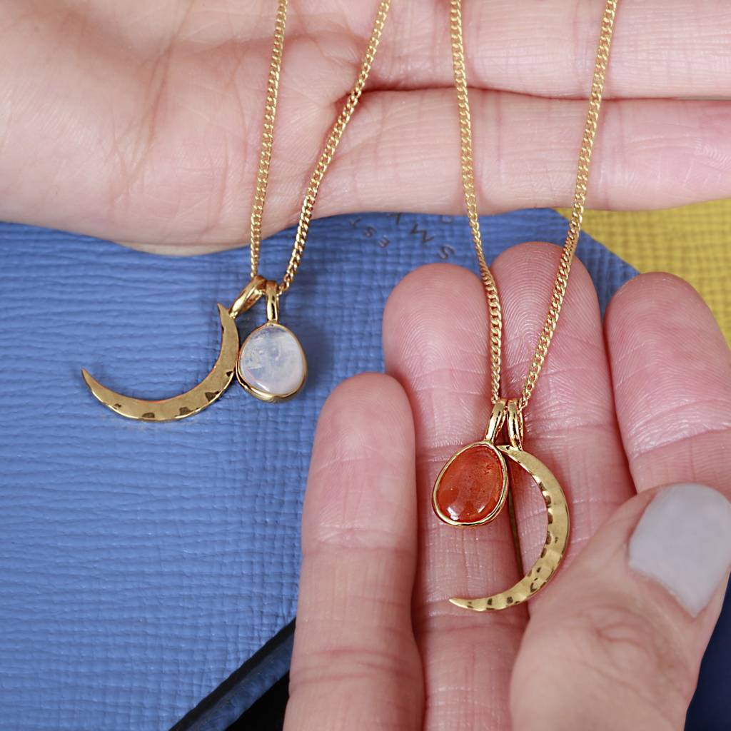 Crescent Moon Gemstone Charm Necklace By Holly Blake