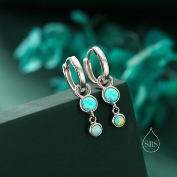 Sterling Silver Double Aqua Green Opal Dangle Huggie Hoop Earrings, 4 of 12