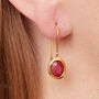 Ruby Oval Short Drop Gold Plated Silver Earrings, thumbnail 3 of 11