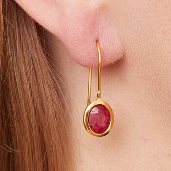 Ruby Oval Short Drop Gold Plated Silver Earrings, 3 of 11