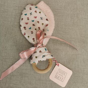 Fabric Bunny Ear Teething Ring, Pink Floral Baby Gift, 10 of 12