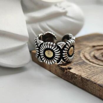 Silver Vintage Daisy Floral Wide Cuff Chunky Band Ring, 6 of 6