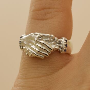 Skeleton Fede Handshake Ring With Sapphire Cuffs, 3 of 4