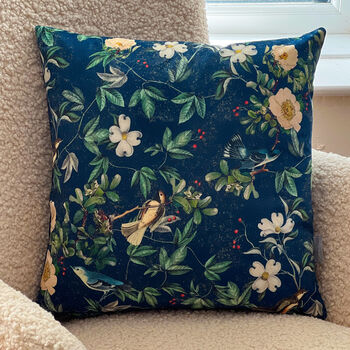 Luxury Super Soft Velvet Cushion Wild Rose Birds Blue, 3 of 5