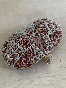 Maroon Handcrafted Embroidered Oval Clutch Bag, 2 of 10