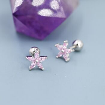 Tourmaline Pink Cz Flower Barbell Earrings, 9 of 9