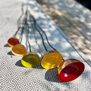 Set Of Five Copper Rain Catchers – Tangerine, Green, Red, Orange And Yellow Cups On Curved Iron Pole, 6 of 6