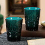 Set Of Two Teal Art Deco Glass Tea Light Holders, thumbnail 1 of 4