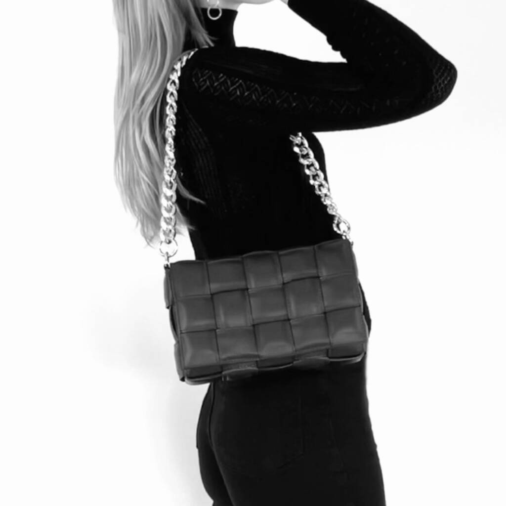 Black Padded Woven Leather Cross-body Bag With Gold Chain 