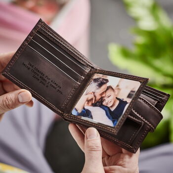Leather Tri Fold Wallet With Metal Photo Insert, 4 of 12