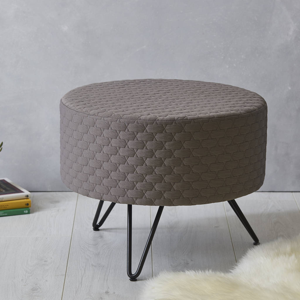 Grey Round Mid Century Footstool With Metal Legs By Fern & Grey