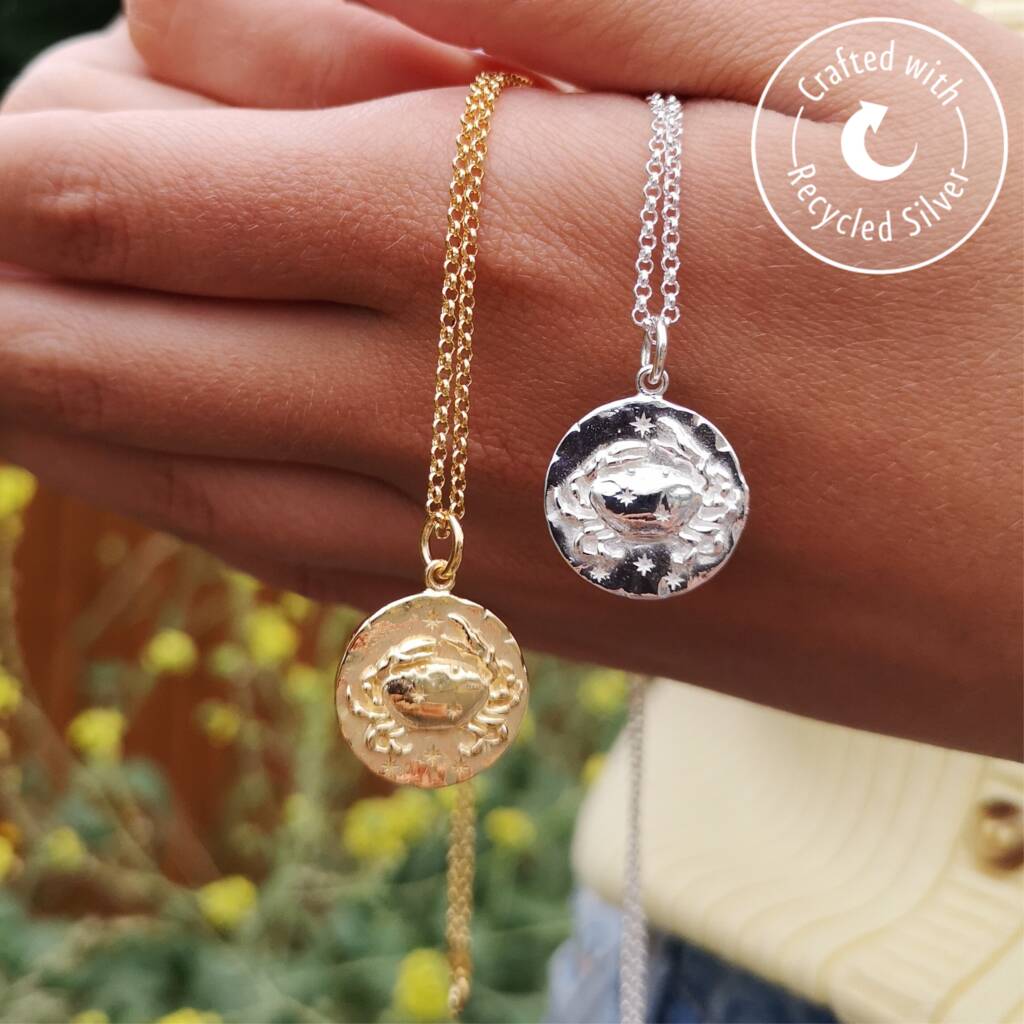 Cancer Zodiac Star Sign Disc Necklace Created with Zircondia® Crystals by  Philip Jones Jewellery