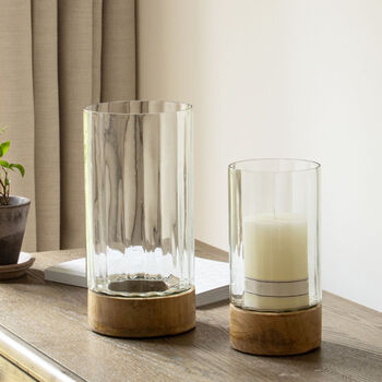 Mango Wood And Ribbed Glass Hurricane Tea Light Holder, 2 of 3