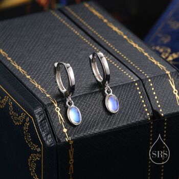 Sterling Silver Dangling Oval Moonstone Hoop Earrings, 2 of 11