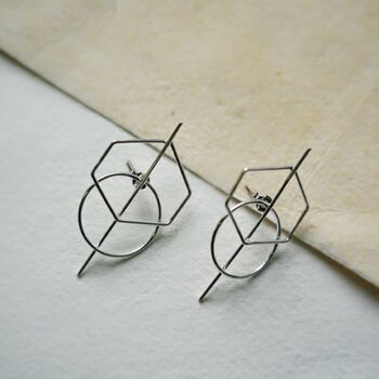 Hexagonal Silver Wire Stud Earrings, 2 of 3