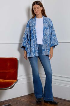 Ivory Embroidered Japanese Pine Needles Blue Short Fully Lined Kimono, 2 of 7