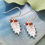 Holly Leaf Rose Gold Plated Silver Garnet Drop Earrings, thumbnail 4 of 5