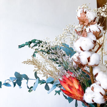 Cotton Blossom And Eucalyptus Bouquet With Proteas, 4 of 5