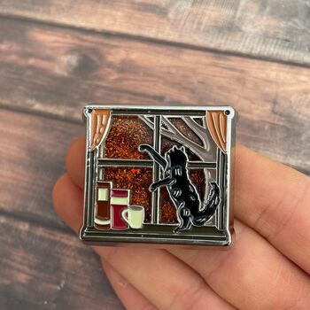 Cat And Books Autumn Fall Enamel Pin With Shaker Moving Glitter And Leaves, 2 of 5