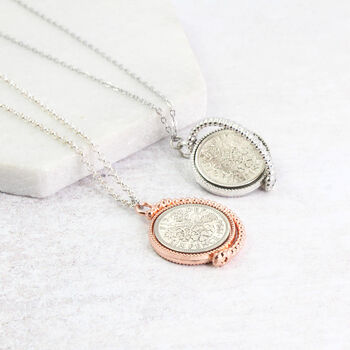 70th Birthday 1954 Lucky Sixpence Spinner Necklace, 3 of 10