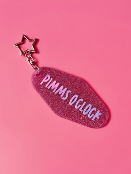The 'Pimms O'clock' Sparkly Motel Keyring / Summer Drinks Gift / Garden Party Accessories / Fun Quote Keychain, 2 of 7