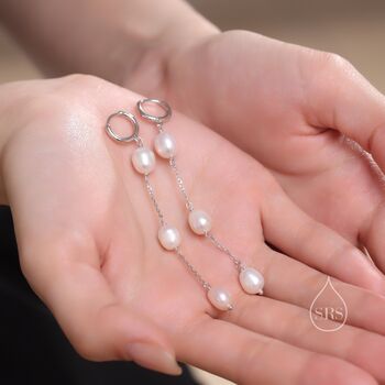 Sterling Silver Natural Oval Pearl Trio Long Dangle Huggie Hoop Earrings, 4 of 11