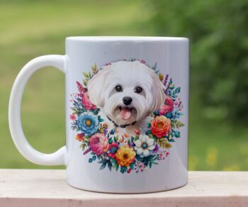 Personalised Maltese Summer Floral Dog Wreath Cushion And Mug Gift Bundle, 2 of 4