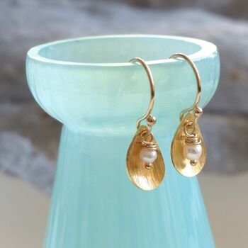 Brushed Leaf And Freshwater Pearl Earrings, 6 of 12