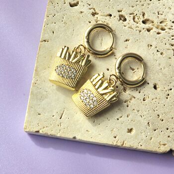 French Fries Huggie Hoop Earrings With Sparkling Cz Detail, 4 of 5