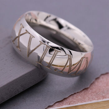 Roman Numerals 10mm Wide Personalised Silver Ring, 2 of 9