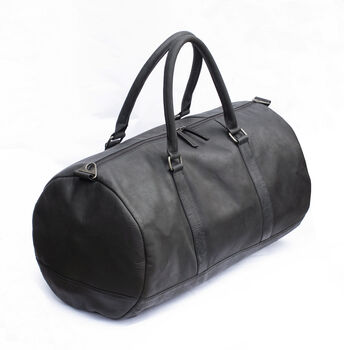 Black Leather Travel Duffle Bag Holdall With Personalised Luggage Tag, 4 of 5