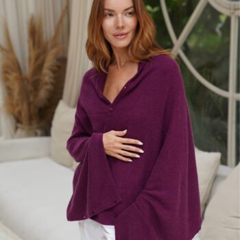 Plum Purple 100% Cashmere Multi Ways Button Poncho Shawl Gift Boxed, 3 of 11