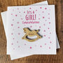 New Baby Congratulation Card. Its A Girl! With A Personalised Wooden Rocking Horse, thumbnail 1 of 3