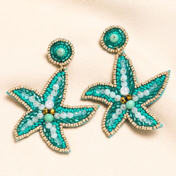 Beaded Blue Starfish Drop Earrings, 2 of 4