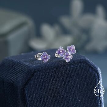 Asymmetric Hand Painted Enamel Hydrangea Flower Bouquet Stud Earrings In Sterling Silver, 5 of 12