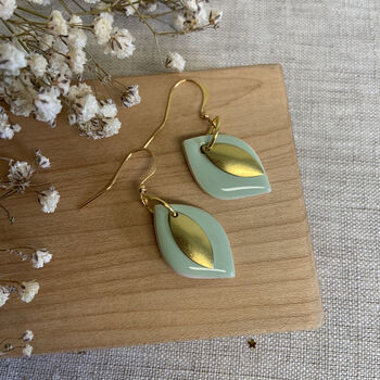 Ceramic Mint Leaf Dangle Earrings Gold Plated, 6 of 6