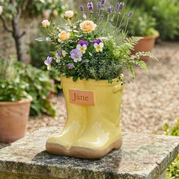 Personalised Set Of Two Yellow Welly Boots Planters Gift, 2 of 8