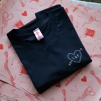 Personalised Love Heart Hand Embroidered Navy T Shirt, 3 of 10