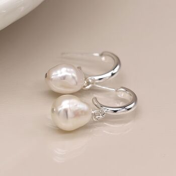 Sterling Silver Pearl Half Hoop Earrings, 2 of 7