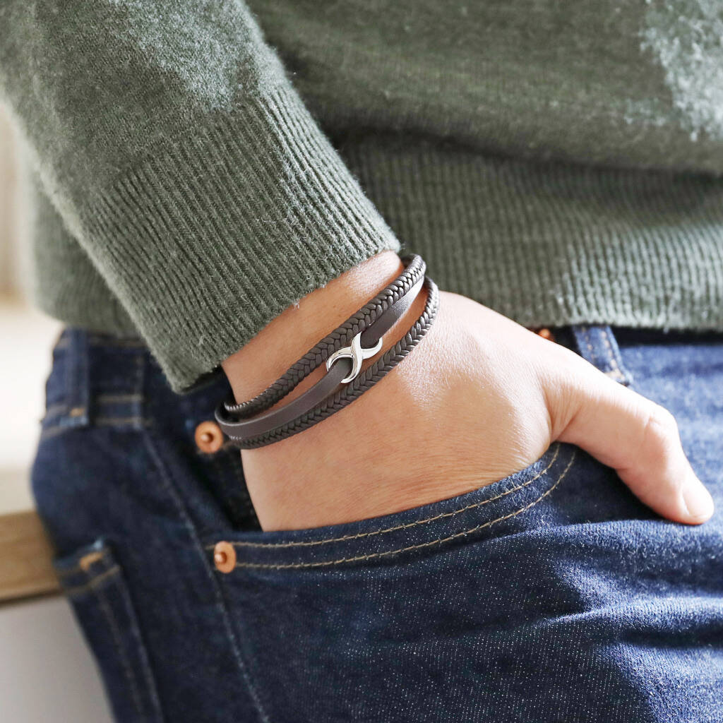 Men's Brown Leather Stainless Steel Infinity Bracelet, 1 of 7