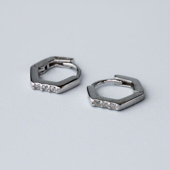 Sterling Silver Hexagonal Huggie Hoop Earrings, 4 of 9