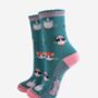 Women's Bamboo Socks Green Pink Party Cats, thumbnail 2 of 5