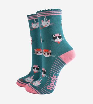 Women's Bamboo Socks Green Pink Party Cats, 2 of 5