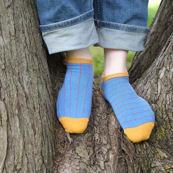 Block Stripe Aqua And Dash Blue Men's Trainer Socks, 2 of 7